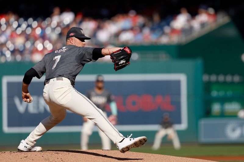 Sep 28, 2024; Washington, District of Columbia, USA; Washington Nationals starting pitcher MacKenzie Gore (1) pitches against the Philadelphia Phillies during the first inning at Nationals Park. Mandatory Credit: Geoff Burke-Imagn Images