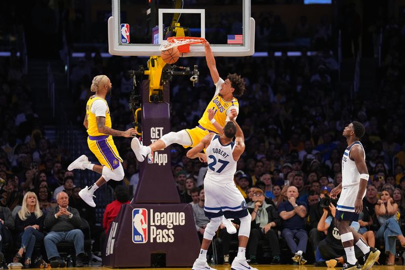 LOS ANGELES, CA - OCTOBER 22: Jaxson Hayes #11 of the Los Angeles Lakers dunks the ball during the game against the Minnesota Timberwolves on October 22, 2024 at Crypto.Com Arena in Los Angeles, California. NOTE TO USER: User expressly acknowledges and agrees that, by downloading and/or using this Photograph, user is consenting to the terms and conditions of the Getty Images License Agreement. Mandatory Copyright Notice: Copyright 2024 NBAE (Photo by Garrett Ellwood/NBAE via Getty Images)