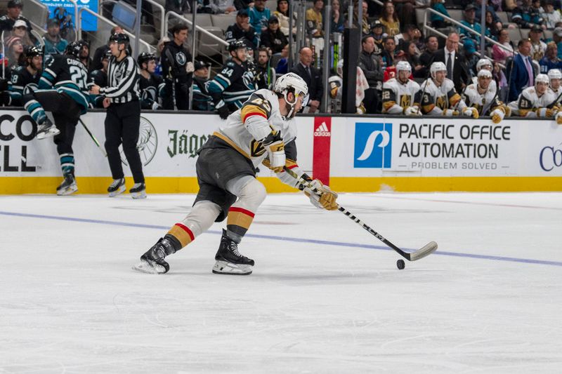 Feb 19, 2024; San Jose, California, USA; Vegas Golden Knights center Paul Cotter (43) starts a fast break against the San Jose Sharks during the second period at SAP Center at San Jose. Mandatory Credit: Neville E. Guard-USA TODAY Sports