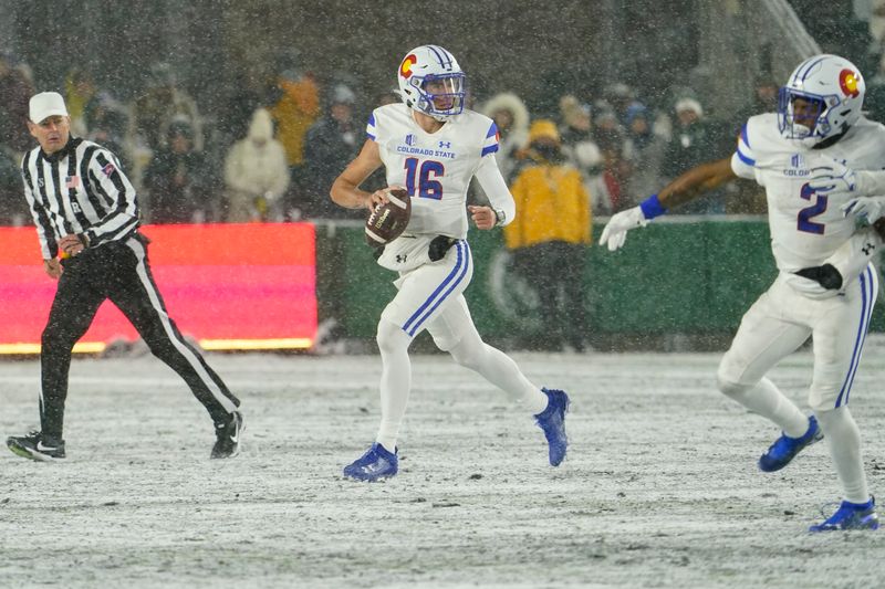 Oct 28, 2023; Fort Collins, Colorado, USA;  Colorado State Rams quarterback Brayden Fowler-Nicolosi (16) rolls out looking for an open receiver against the Air Force Falcons at Sonny Lubick Field at Canvas Stadium. Mandatory Credit: Michael Madrid-USA TODAY Sports