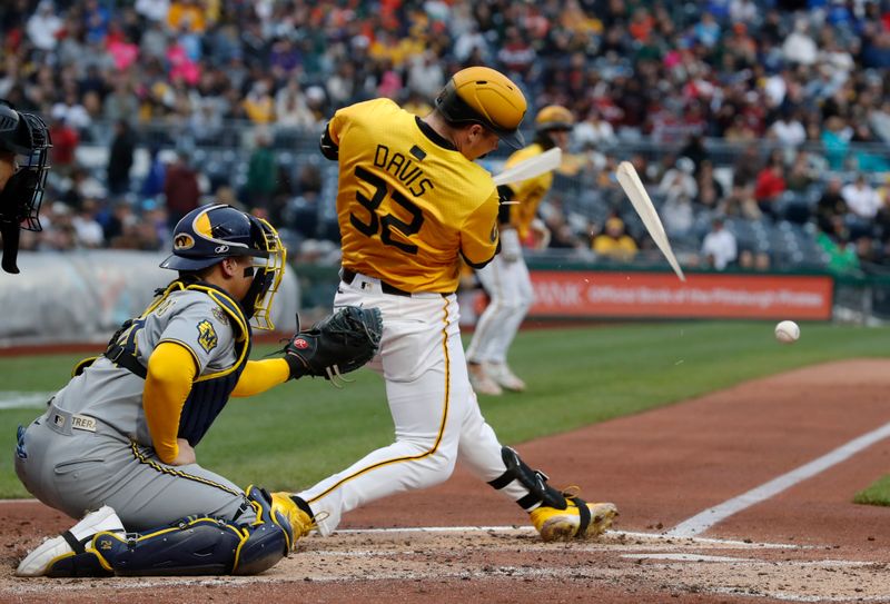 May 23, 2025; Pittsburgh, Pennsylvania, USA;  Pittsburgh Pirates catcher Henry Davis (32) shatters his bat on a second inning groundout against the Milwaukee Brewers at PNC Park. Mandatory Credit: Charles LeClaire-Imagn Images