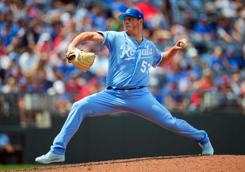 Jun 18, 2023; Kansas City, Missouri, USA; Kansas City Royals starting pitcher Austin Cox (53) pitches during the seventh inning against the Los Angeles Angels at Kauffman Stadium. Mandatory Credit: Jay Biggerstaff-USA TODAY Sports