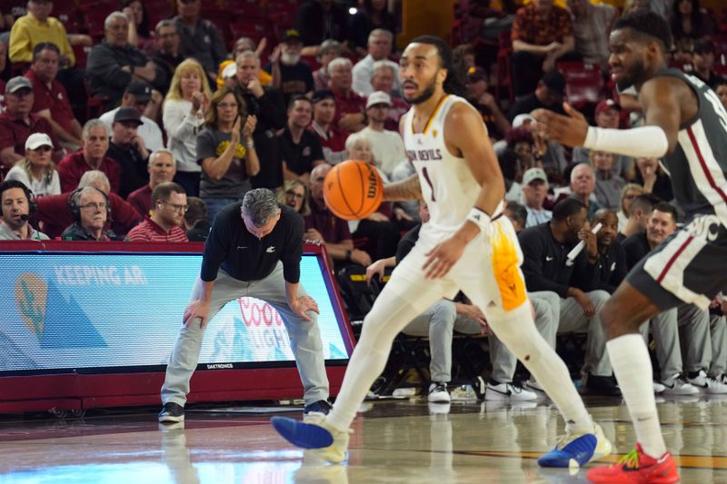 Feb 24, 2024; Tempe, Arizona, USA; Washington State Cougars head coach Kyle Smith reacts against the Arizona State Sun Devils during the second half at Desert Financial Arena. Mandatory Credit: Joe Camporeale-USA TODAY Sports