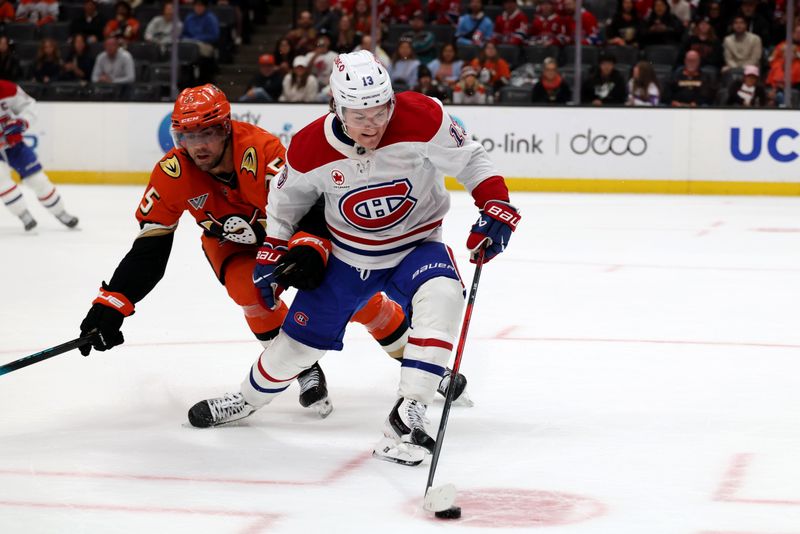Mar 6, 2026; Anaheim, California, USA;  Montreal Canadiens right wing Cole Caufield (13) fights for the puck against Anaheim Ducks center Ryan Poehling (25) during overtime at Honda Center. Mandatory Credit: Kiyoshi Mio-Imagn Images
