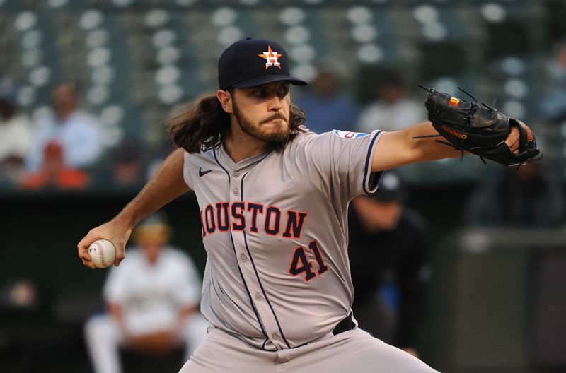 Jul 22, 2024; Oakland, California, USA; Houston Astros starting pitcher Spencer Arrighetti (41) pitches the ball against the Oakland Athletics during the fourth inning at Oakland-Alameda County Coliseum. Mandatory Credit: Kelley L Cox-USA TODAY Sports