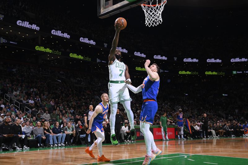 BOSTON, MA - APRIL 11: Jaylen Brown #7 of the Boston Celtics drives to the basket during the game against the New York Knicks on April 11, 2024 at the TD Garden in Boston, Massachusetts. NOTE TO USER: User expressly acknowledges and agrees that, by downloading and or using this photograph, User is consenting to the terms and conditions of the Getty Images License Agreement. Mandatory Copyright Notice: Copyright 2024 NBAE  (Photo by Brian Babineau/NBAE via Getty Images)