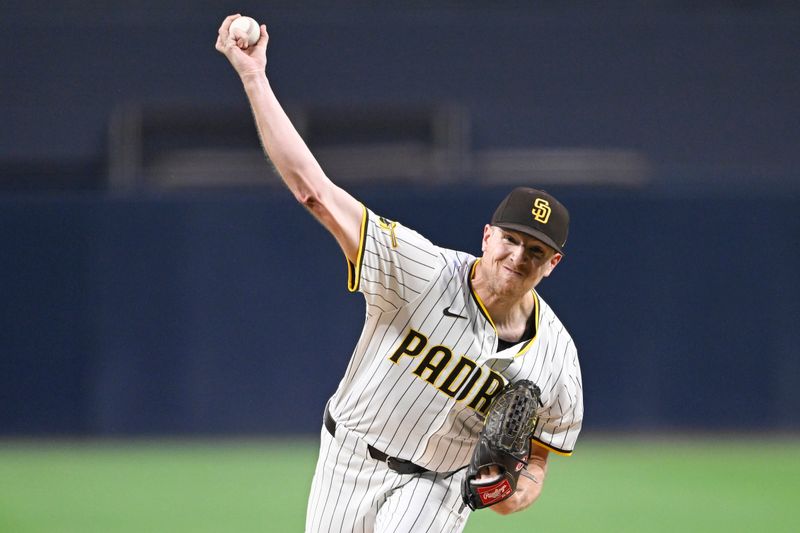 Sep 22, 2025; San Diego, California, USA; San Diego Padres starting pitcher Nick Pivetta (27) delivers during the first inning against the Milwaukee Brewers at Petco Park. Mandatory Credit: Denis Poroy-Imagn Images