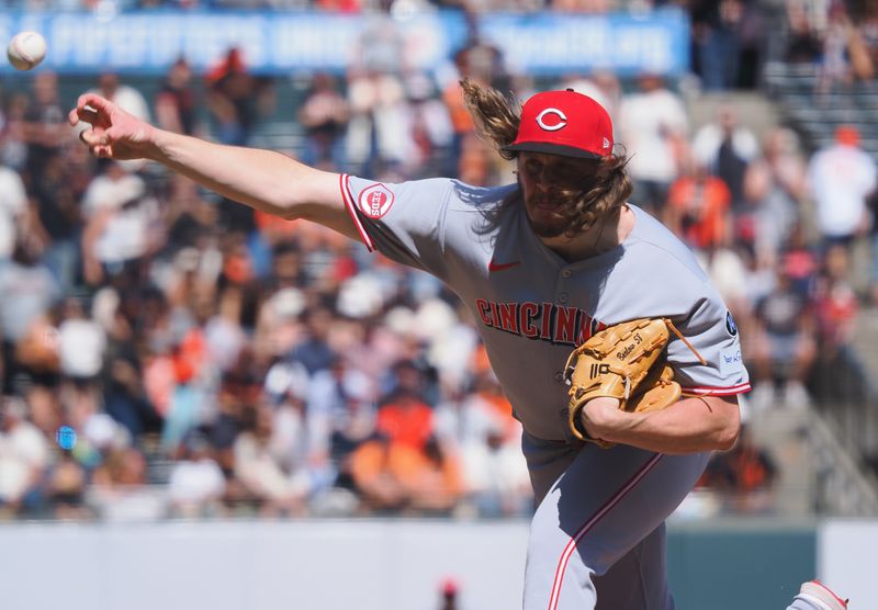 Apr 9, 2025; San Francisco, California, USA;  Cincinnati Reds relief pitcher Scott Barlow (58) pitches the ball against the San Francisco Giants during the seventh inning at Oracle Park. Mandatory Credit: Kelley L Cox-Imagn Images