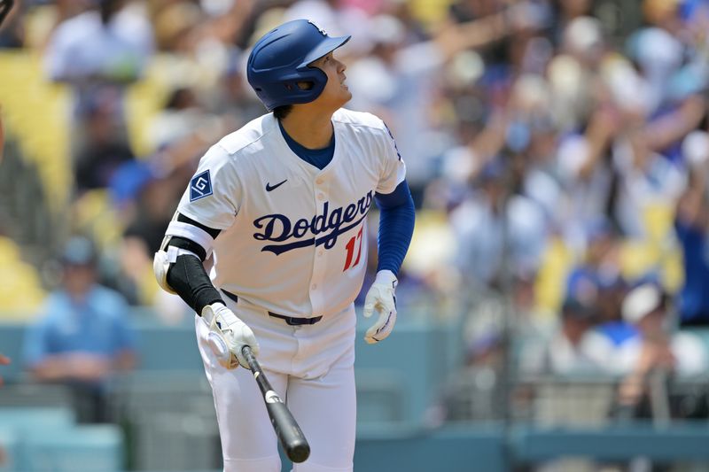 May 18, 2025; Los Angeles, California, USA; Los Angeles Dodgers two-way player Shohei Ohtani (17) at bat in the first inning at Dodger Stadium. Mandatory Credit: Jayne Kamin-Oncea-Imagn Images