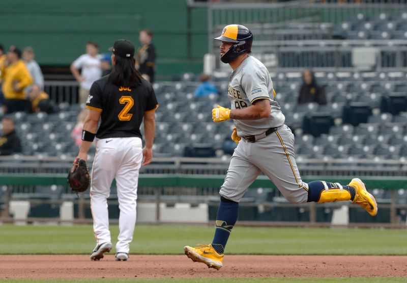 Apr 25, 2024; Pittsburgh, Pennsylvania, USA;  Milwaukee Brewers pinch hitter Gary Sánchez (99) circles the bases on a two run home run against the Pittsburgh Pirates during the eighth inning at PNC Park. The Brewers won 7-5. Mandatory Credit: Charles LeClaire-USA TODAY Sports