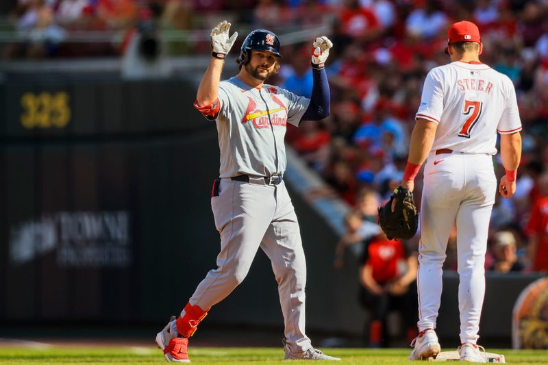 May 27, 2024; Cincinnati, Ohio, USA; St. Louis Cardinals outfielder Alec Burleson (41) reacts after hitting a single against the Cincinnati Reds in the sixth inning at Great American Ball Park. Mandatory Credit: Katie Stratman-USA TODAY Sports