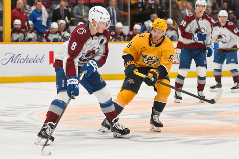 Dec 9, 2025; Nashville, Tennessee, USA;  Nashville Predators left wing Erik Haula (56) skates against Colorado Avalanche defenseman Cale Makar (8) during the second period at Bridgestone Arena. Mandatory Credit: Steve Roberts-Imagn Images