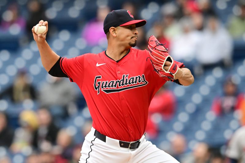 Apr 24, 2024; Cleveland, Ohio, USA; Cleveland Guardians starting pitcher Carlos Carrasco (59) throws a pitch during the first inning against the Boston Red Sox at Progressive Field. Mandatory Credit: Ken Blaze-USA TODAY Sports