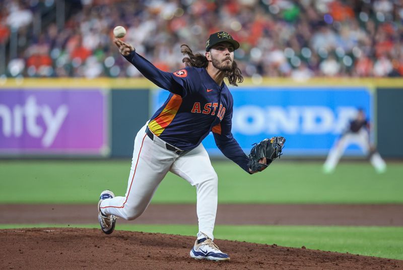 May 19, 2024; Houston, Texas, USA; Houston Astros starting pitcher Spencer Arrighetti (41) delivers a pitch during the second inning against the Milwaukee Brewers at Minute Maid Park. Mandatory Credit: Troy Taormina-USA TODAY Sports