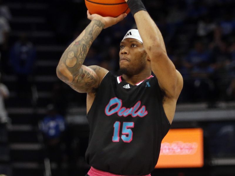 Feb 25, 2024; Memphis, Tennessee, USA; Florida Atlantic Owls guard Alijah Martin (15) shoots for three during the second half against the Memphis Tigers at FedExForum. Mandatory Credit: Petre Thomas-USA TODAY Sports