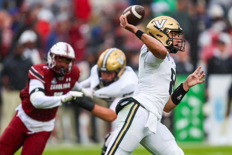 Nov 11, 2023; Columbia, South Carolina, USA; Vanderbilt Commodores quarterback Ken Seals (8) throws a pass against the South Carolina Gamecocks in the second quarter at Williams-Brice Stadium. Mandatory Credit: Jeff Blake-USA TODAY Sports