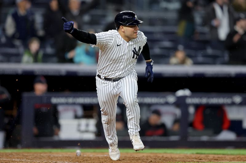 May 3, 2023; Bronx, New York, USA; New York Yankees pinch hitter Jose Trevino (39) celebrates his tenth inning walkoff RBI single against the Cleveland Guardians at Yankee Stadium. Mandatory Credit: Brad Penner-USA TODAY Sports