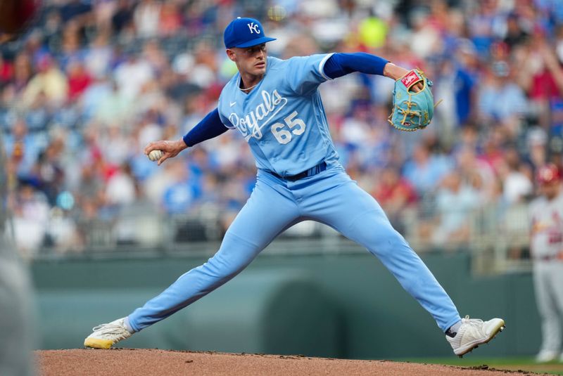 Aug 11, 2023; Kansas City, Missouri, USA; Kansas City Royals relief pitcher Dylan Coleman (65) pitches during the first inning against the St. Louis Cardinals at Kauffman Stadium. Mandatory Credit: Jay Biggerstaff-USA TODAY Sports