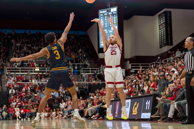 Jan 24, 2026; Stanford, California, USA;  Stanford Cardinal guard Jeremy Dent-Smith (25) shoots the ball during the first half against California Golden Bears guard Semetri (TT) Carr (3) at Maples Pavilion. Mandatory Credit: Stan Szeto-Imagn Images