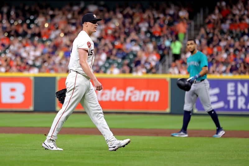 May 5, 2024; Houston, Texas, USA; Houston Astros starting pitcher Hunter Brown (58) walks to the dugout after retiring the side against the Seattle Mariners during the first inning at Minute Maid Park. Mandatory Credit: Erik Williams-USA TODAY Sports