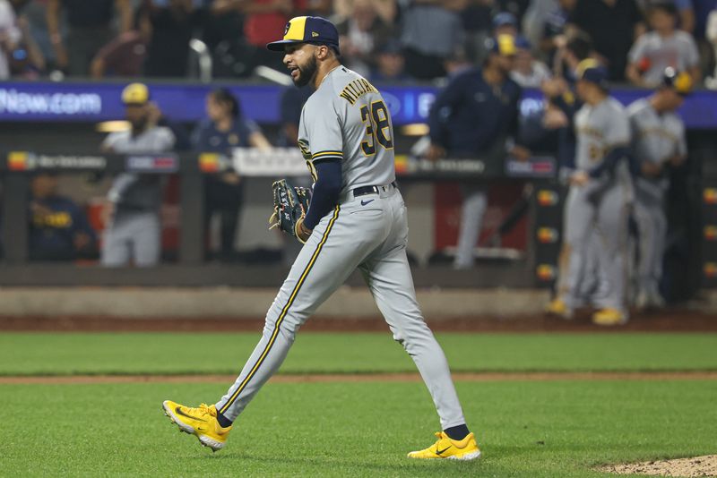 Jun 29, 2023; New York City, New York, USA; Milwaukee Brewers relief pitcher Devin Williams (38) reacts after losing the game against the New York Mets at Citi Field. Mandatory Credit: Vincent Carchietta-USA TODAY Sports