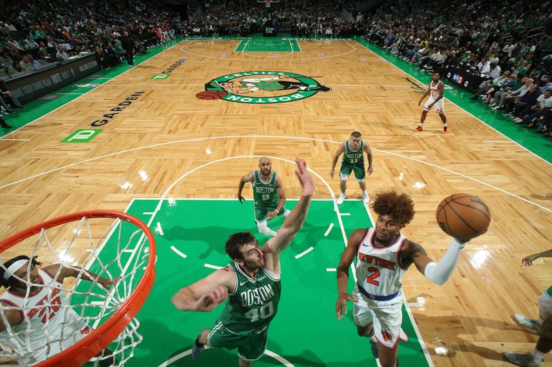 BOSTON, MA - OCTOBER 22: Miles McBride #2 of the New York Knicks drives to the basket during the game against the Boston Celtics on October 22, 2024 at TD Garden in Boston, Massachusetts. NOTE TO USER: User expressly acknowledges and agrees that, by downloading and or using this Photograph, user is consenting to the terms and conditions of the Getty Images License Agreement. Mandatory Copyright Notice: Copyright 2024 NBAE (Photo by Nathaniel S. Butler/NBAE via Getty Images)