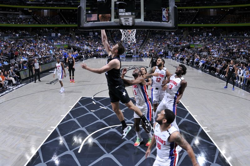 ORLANDO, FL - FEBRUARY 23: Franz Wagner #22 of the Orlando Magic shoots the ball during the game against the Detroit Pistons on February 23, 2023 at Amway Center in Orlando, Florida. NOTE TO USER: User expressly acknowledges and agrees that, by downloading and or using this photograph, User is consenting to the terms and conditions of the Getty Images License Agreement. Mandatory Copyright Notice: Copyright 2023 NBAE (Photo by Fernando Medina/NBAE via Getty Images)