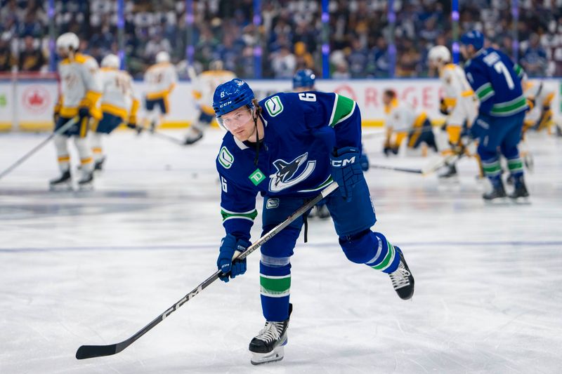 Apr 30, 2024; Vancouver, British Columbia, CAN; Vancouver Canucks forward Brock Boeser (6) shoots in warm up prior to game five of the first round of the 2024 Stanley Cup Playoffs against the Nashville Predators at Rogers Arena. Mandatory Credit: Bob Frid-USA TODAY Sports
