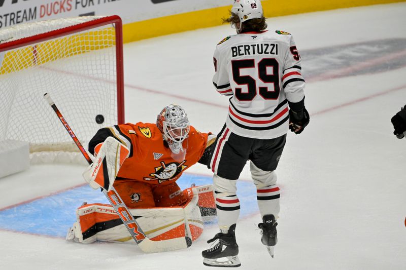 Nov 3, 2024; Anaheim, California, USA;  Chicago Blackhawks left wing Tyler Bertuzzi (59) looks on as the puck gets by Anaheim Ducks goaltender Lukas Dostal (1) for a goal in the first period at Honda Center. Mandatory Credit: Jayne Kamin-Oncea-Imagn Images