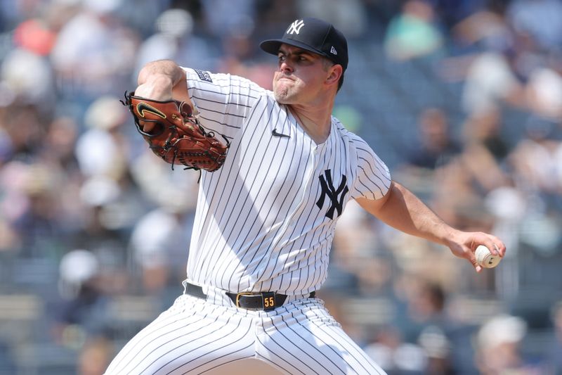 Aug 3, 2024; Bronx, New York, USA; New York Yankees starting pitcher Carlos Rodon (55) pitches against the Toronto Blue Jays during the sixth inning at Yankee Stadium. Mandatory Credit: Brad Penner-USA TODAY Sports