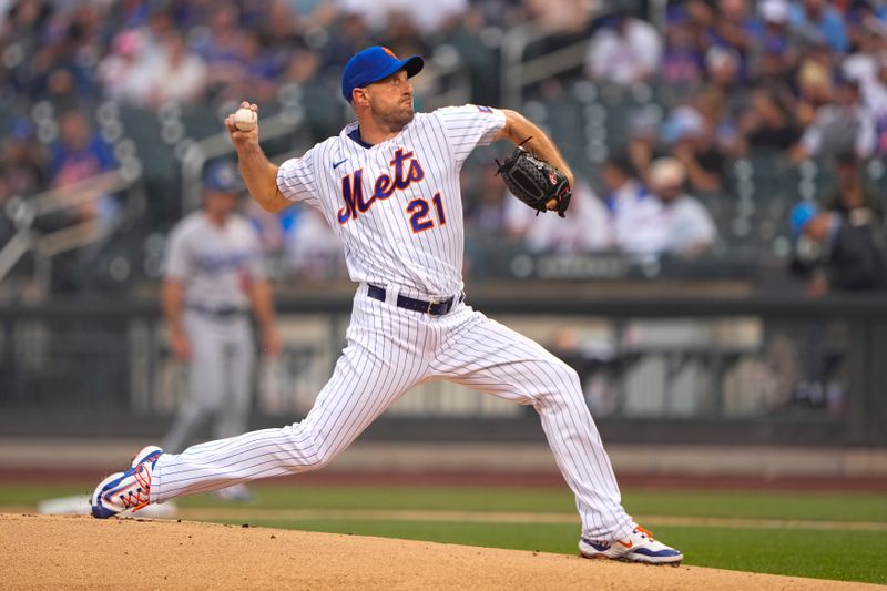 Jul 16, 2023; New York City, New York, USA; New York Mets pitcher Max Scherzer (21) delivers a pitch against the Los Angeles Dodgers during the first inning at Citi Field. Mandatory Credit: Gregory Fisher-USA TODAY Sports