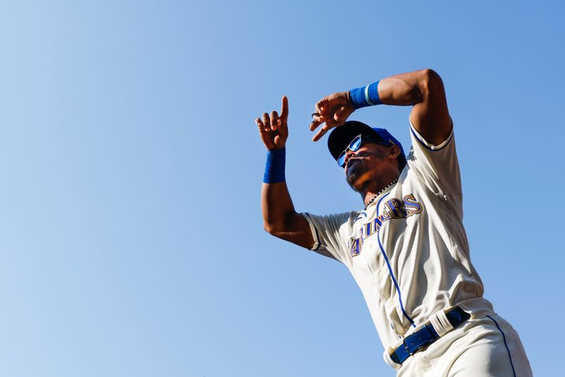 Aug 27, 2023; Seattle, Washington, USA; Seattle Mariners center fielder Julio Rodriguez (44) celebrates following a 3-2 victory against the Kansas City Royals at T-Mobile Park. Mandatory Credit: Joe Nicholson-USA TODAY Sports