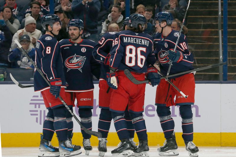 Nov 21, 2024; Columbus, Ohio, USA; Columbus Blue Jackets left wing Dmitri Voronkov (10) celebrates his goal against the Tampa Bay Lightning during the second period at Nationwide Arena. Mandatory Credit: Russell LaBounty-Imagn Images