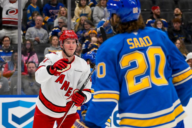 Oct 19, 2024; St. Louis, Missouri, USA;  Carolina Hurricanes right wing Andrei Svechnikov (37) reacts after scoring against the St. Louis Blues during the first period at Enterprise Center. Mandatory Credit: Jeff Curry-Imagn Images