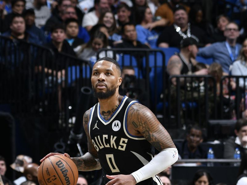 ORLANDO, FL - JANUARY 10: Damian Lillard #0 of the Milwaukee Bucks dribbles the ball during the game against the Orlando Magic on January 10, 2025 at Kia Center in Orlando, Florida. NOTE TO USER: User expressly acknowledges and agrees that, by downloading and or using this photograph, User is consenting to the terms and conditions of the Getty Images License Agreement. Mandatory Copyright Notice: Copyright 2025 NBAE (Photo by Fernando Medina/NBAE via Getty Images)