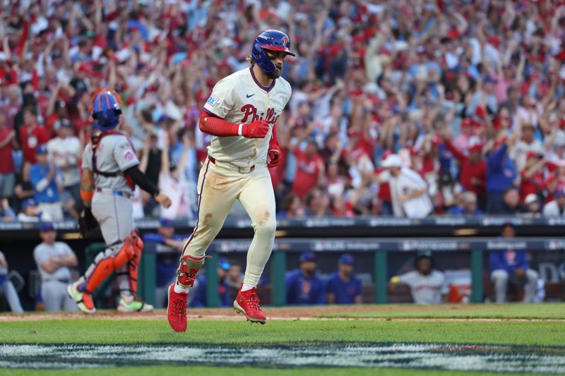 Oct 6, 2024; Philadelphia, Pennsylvania, USA; Philadelphia Phillies first base Bryce Harper (3) runs the bases after hitting a two RBI home-run in the sixth inning against the New York Mets during game two of the NLDS for the 2024 MLB Playoffs at Citizens Bank Park. Mandatory Credit: Bill Streicher-Imagn Images