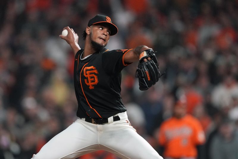 Jun 3, 2023; San Francisco, California, USA;  San Francisco Giants relief pitcher Camilo Doval (75) throws a pitch against the Baltimore Orioles during the ninth inning at Oracle Park. Mandatory Credit: Darren Yamashita-USA TODAY Sports