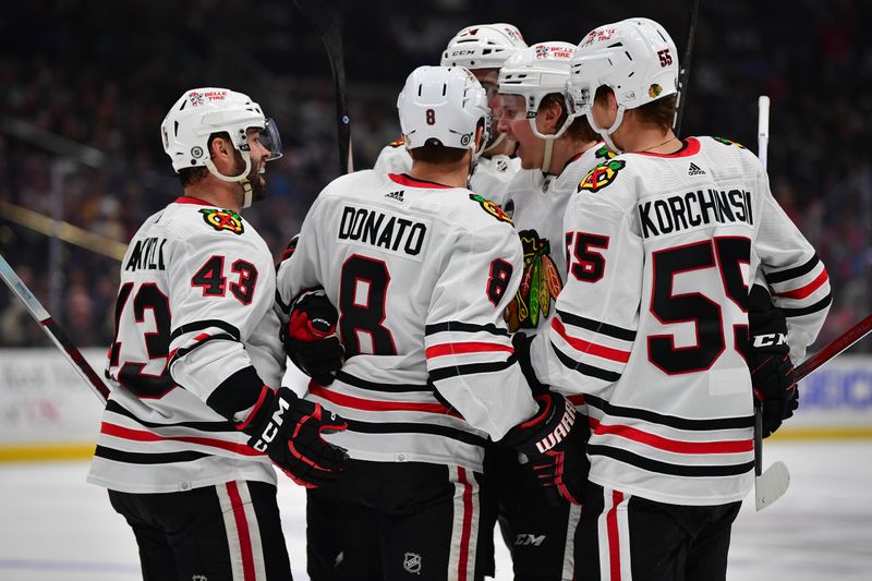 Apr 18, 2024; Los Angeles, California, USA; Chicago Blackhawks celebrate the goal scored by center Ryan Donato (8) against the Los Angeles Kings during the third period at Crypto.com Arena. Mandatory Credit: Gary A. Vasquez-USA TODAY Sports