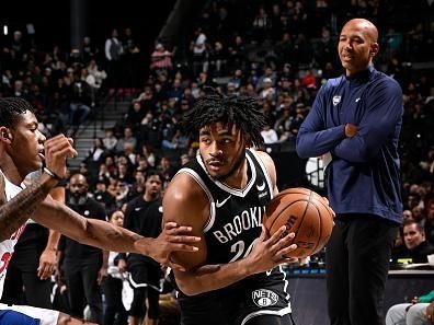 BROOKLYN, NY - DECEMBER 23: Cam Thomas #24 of the Brooklyn Nets handles the ball during the game against the Detroit Pistons on December 23, 2023 at Barclays Center in Brooklyn, New York. NOTE TO USER: User expressly acknowledges and agrees that, by downloading and or using this Photograph, user is consenting to the terms and conditions of the Getty Images License Agreement. Mandatory Copyright Notice: Copyright 2023 NBAE (Photo by David Dow/NBAE via Getty Images)