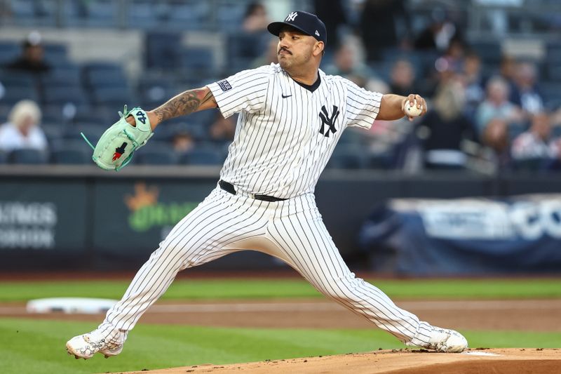 Aug 21, 2024; Bronx, New York, USA;  New York Yankees starting pitcher Nestor Cortes (65) pitches in the first inning against the Cleveland Guardians at Yankee Stadium. Mandatory Credit: Wendell Cruz-USA TODAY Sports