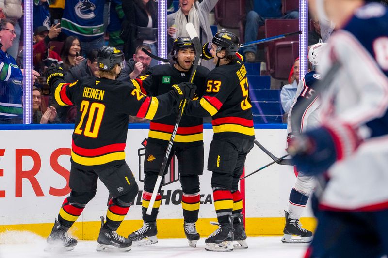 Dec 6, 2024; Vancouver, British Columbia, CAN; Vancouver Canucks forward Kiefer Sherwood (44) celebrates scoring with forward Danton Heinen (20) and forward Teddy Blueger (53)  against the Columbus Blue Jackets  during the second period at Rogers Arena. Mandatory Credit: Bob Frid-Imagn Images
