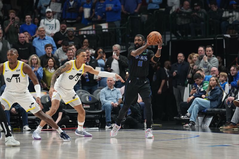 DALLAS, TX - MARCH 21: Kyrie Irving #11 of the Dallas Mavericks handles the ball during the game against the Utah Jazz on March 21, 2024 at the American Airlines Center in Dallas, Texas. NOTE TO USER: User expressly acknowledges and agrees that, by downloading and or using this photograph, User is consenting to the terms and conditions of the Getty Images License Agreement. Mandatory Copyright Notice: Copyright 2024 NBAE (Photo by Glenn James/NBAE via Getty Images)