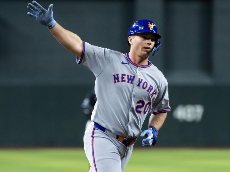 May 5, 2025; Phoenix, Arizona, USA; New York Mets first baseman Pete Alonso celebrates after hitting a two run home run in the fourth inning against the Arizona Diamondbacks at Chase Field. Mandatory Credit: Mark J. Rebilas-Imagn Images