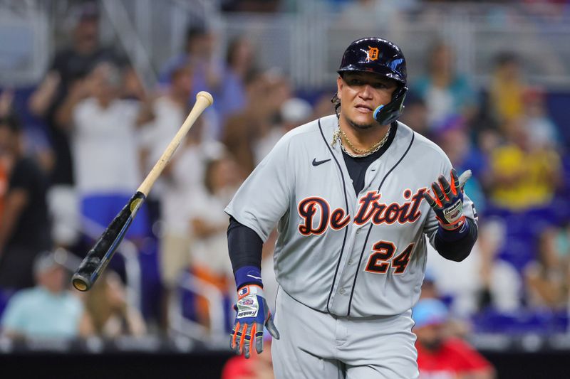 Jul 29, 2023; Miami, Florida, USA; Detroit Tigers designated hitter Miguel Cabrera (24) flips his bat after hitting a single against the Miami Marlins during the ninth inning at loanDepot Park. Mandatory Credit: Sam Navarro-USA TODAY Sports