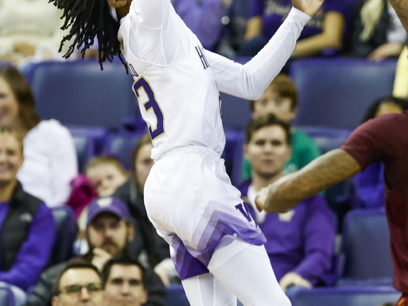 Jan 26, 2023; Seattle, Washington, USA; Washington Huskies guard Keyon Menifield (23) makes a layup against the Arizona State Sun Devils during overtime at Alaska Airlines Arena at Hec Edmundson Pavilion. Mandatory Credit: Joe Nicholson-USA TODAY Sports