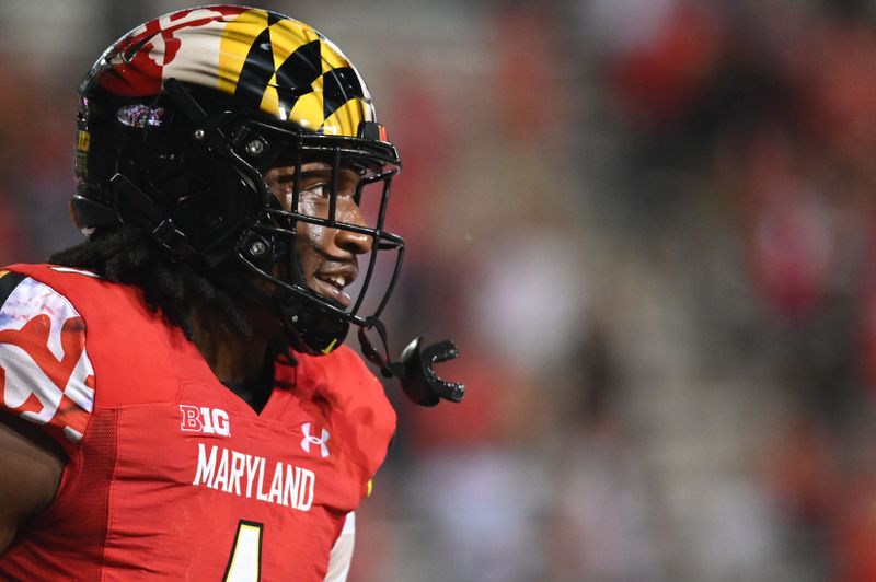 Sep 17, 2022; College Park, Maryland, USA; Maryland Terrapins linebacker Jaishawn Barham (1) reacts after stopping Southern Methodist Mustangs on fourth down  at Capital One Field at Maryland Stadium. Mandatory Credit: Tommy Gilligan-USA TODAY Sports