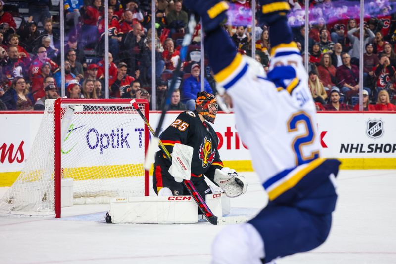 Jan 23, 2024; Calgary, Alberta, CAN; Calgary Flames goaltender Jacob Markstrom (25) reacts as St. Louis Blues left wing Brandon Saad (20) scores a goal during the third period at Scotiabank Saddledome. Mandatory Credit: Sergei Belski-USA TODAY Sports