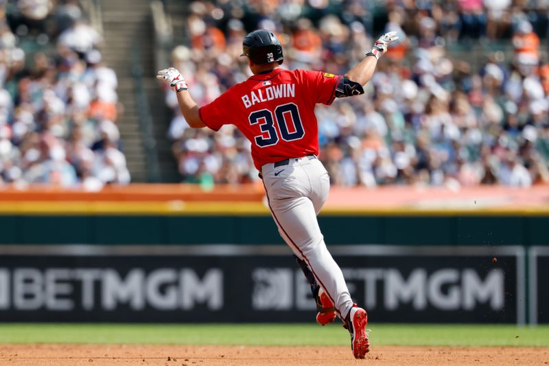 Sep 20, 2025; Detroit, Michigan, USA;  Atlanta Braves catcher Drake Baldwin (30) celebrates after he hits a two run home run in the third inning against the Detroit Tigers at Comerica Park. Mandatory Credit: Rick Osentoski-Imagn Images