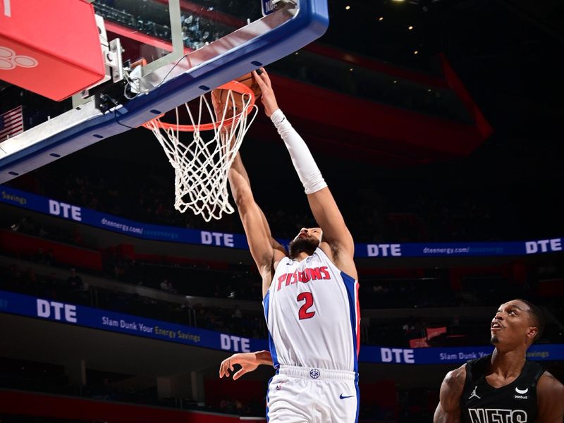 DETROIT, MI - MARCH 7: Cade Cunningham #2 of the Detroit Pistons dunks the ball during the game against the Brooklyn Nets on March 7, 2024 at Little Caesars Arena in Detroit, Michigan. NOTE TO USER: User expressly acknowledges and agrees that, by downloading and/or using this photograph, User is consenting to the terms and conditions of the Getty Images License Agreement. Mandatory Copyright Notice: Copyright 2024 NBAE (Photo by Chris Schwegler/NBAE via Getty Images)