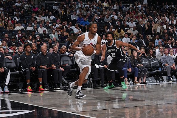 BROOKLYN, NY - OCTOBER 25:  Isaac Okoro #35 of the Cleveland Cavaliers drives to the basket during the game against the Brooklyn Netson October 25, 2023 at Barclays Center in Brooklyn, New York. NOTE TO USER: User expressly acknowledges and agrees that, by downloading and or using this Photograph, user is consenting to the terms and conditions of the Getty Images License Agreement. Mandatory Copyright Notice: Copyright 2023 NBAE (Photo by Jesse D. Garrabrant/NBAE via Getty Images)